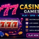 777 Casino Games online featuring slots, roulette, card games, casino chips, and 777 gaming graphics